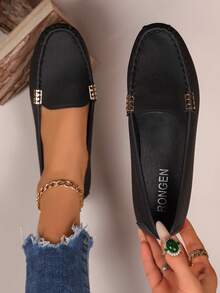 Women's Loafers Solid Color Versatile Metal Buckle Decor Daily Commute Bean Shoes - Black - View 6