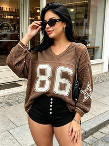 Plus Size Women's Summer Couple Matching Plus Size Loose Sweatshirt, Numeric Print Casual Relaxed Style Outerwear, Elegant Sheer Knit Top Spring - Coffee Brown - View 8