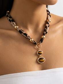 1pc Minimalist Vintage Brown Rope With Double Layer Oval Brown Acrylic Pendant Necklace For Women, Suitable For Daily, Party, Vacation, Holiday Gift And Birthday Gift - Leopard - View 4