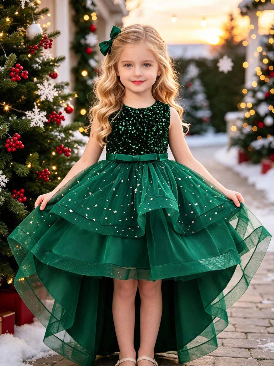 Girls' Sleeveless Sequin Mesh Princess Dress With Large Flared Skirt And Train, Flower Girl Wedding Party Evening Gown For Teens - Green - View 1
