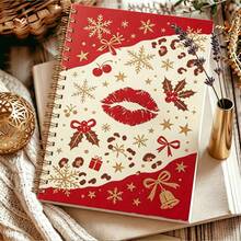 DANPERJI 1pc A5 Spiral Notebook, Xmas‑Themed Art Print Featuring Red Lip Mark, Cherry Decor Pattern Cover, Writing Journal, Glam Christmas Vibe, Home Office Use, Note Keeping, Creative Thought Log Book - CHUN - View 4