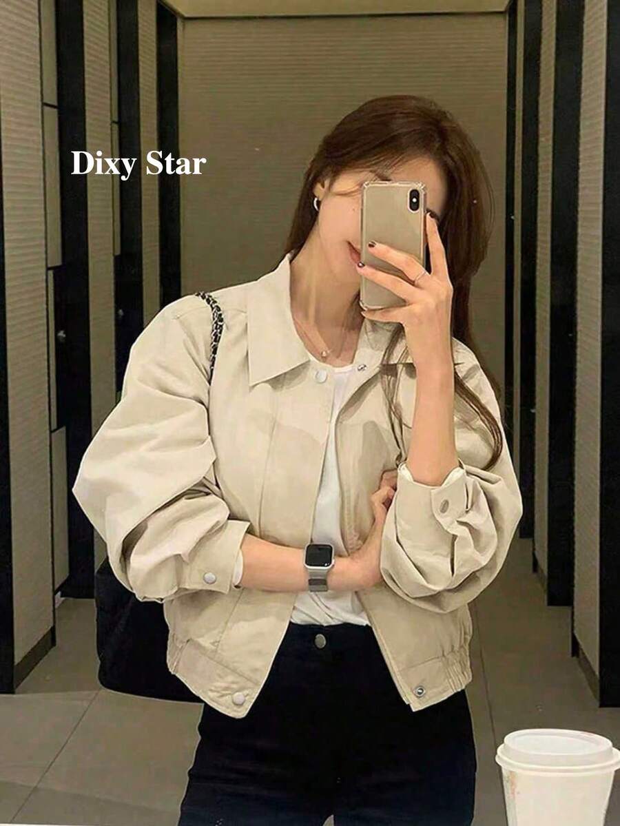 Stylish Solid Color Short Jacket Women, Simple Plaid Casual Versatile Bomber Jacket Spring/Autumn New Tops - Apricot - View 1
