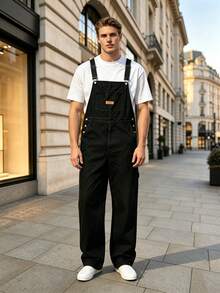 Men's Black Denim Dungarees Chest Pocket Multi Pocket Overalls - Black - View 2