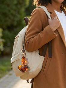 1pc Vintage Amber Tortoise Shell Pattern Resin Heart Keychain, Maillard Brown Tone Beaded Bag Charm, Perfect Gift - Multicolor - View 3