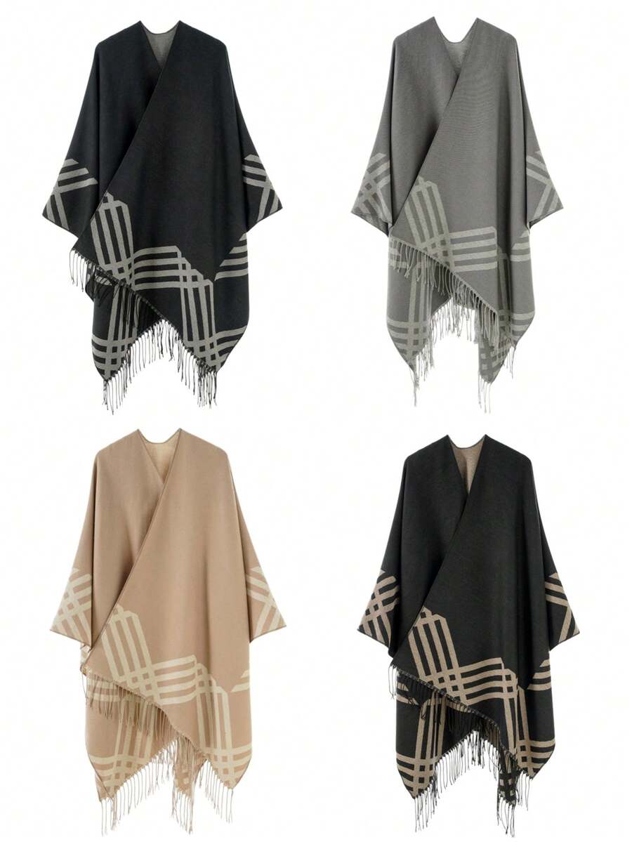 1pc Multi-Color Optional Autumn/Winter New Men's Geometric Print Tassel Cardigan Shawl, British Style Versatile Thickened Warm Oversized Cape - Multicolor - View 1
