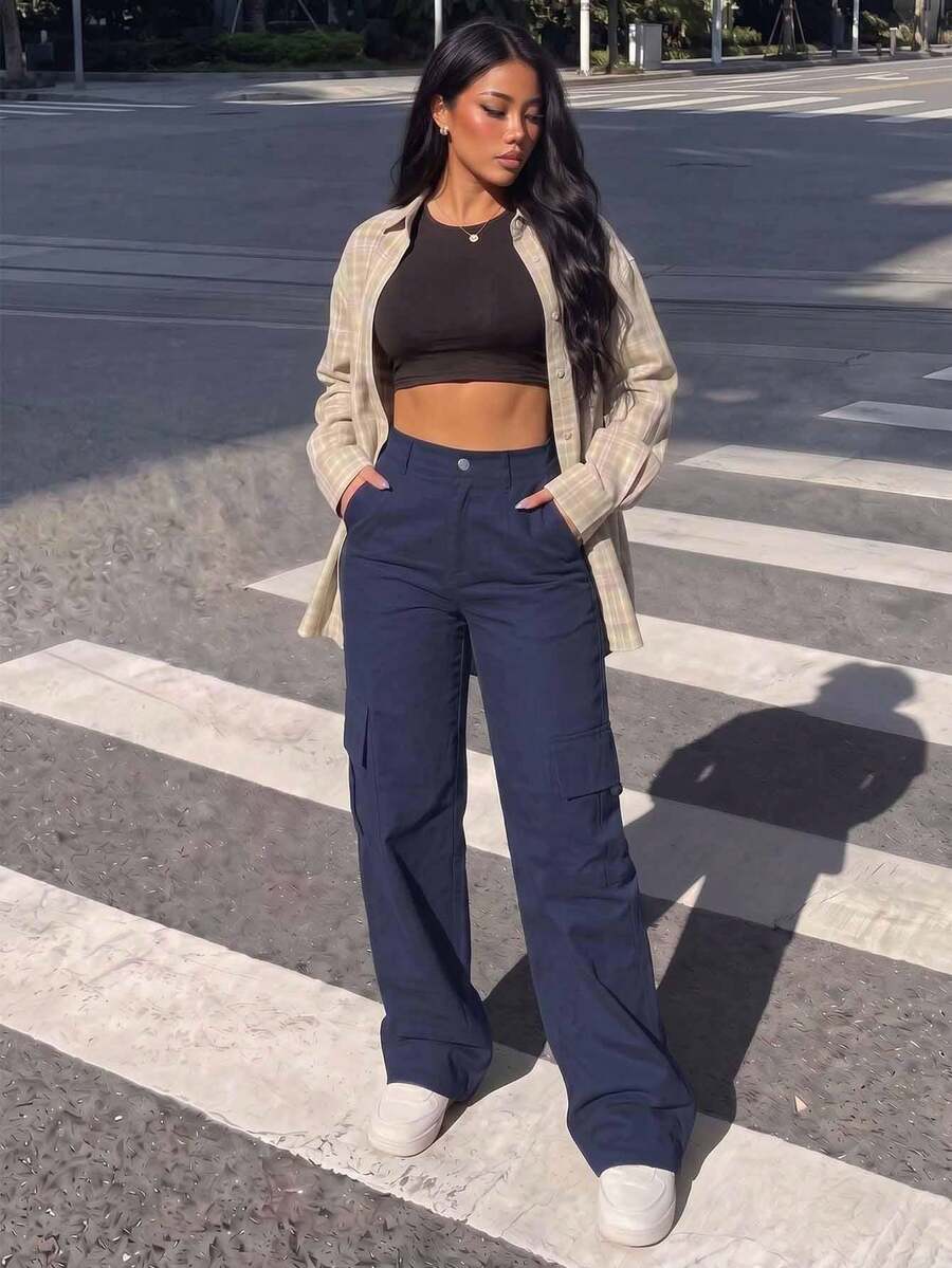 Women's Solid Color Straight Leg Loose Flap Side Multi-Pocket Cargo Pants Casual Long Pants Spring Autumn New Style - Navy Blue - View 1