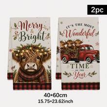 2PCS Christmas Highland Cow & Truck Pattern Printed 40*60cm Country Vintage Style Rectangular Microfiber Soft Kitchen Towels, Dish Cloths, Tablecloths, Hand Towels, Christmas Home Decor, Bathroom & Kitchen Decor, Neighbor Housewarming Gift, Perfect For Kitchen & Bathroom Use, Suitable For Housewives And Family Gatherings, High Value, Household Essential - Multicolor - View 12