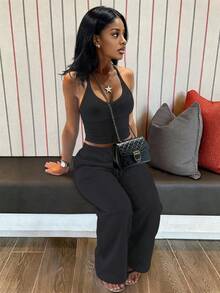 LovelyWholesale Women's Casual V-Neck Ribbed Knit Tank Top And Drawstring Pants 2-Piece Set, Autumn/All Season Back To School Outfit Black - Black - View 2