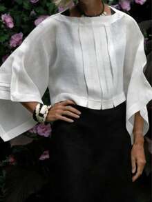 Áo blouse nữ màu trắng tay cánh dơi xếp ly | Áo top mùa hè cổ thuyền dáng rộng phong cách casual - trắng - Xem 2