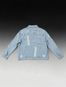 Men Denim Jacket Loose Plus Size Light Blue Ripped Distressed Long Sleeve Button Front Coat With Chest Pockets Casual Streetwear Outerwear - Baby Blue - View 10