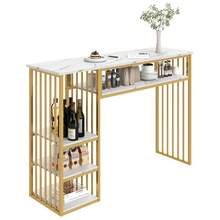 Bar Table With Storage, 140*40*105, High Table With Marble-Effect MDF Top, 3 Shelves And Black Metal Frame, Kitchen Counter For Kitchen, Dining Room And Breakfast Area. - White+Gold+MDF+Metal - View 2