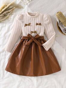 Girls' Warm Brown Autumn Knit Long Sleeve Dress With 3D Bow Decor And Leather Patchwork, Earth Tone, Slightly Stretchy, Suitable For Children's Daily Wear, Spring Gift - Brown - View 1