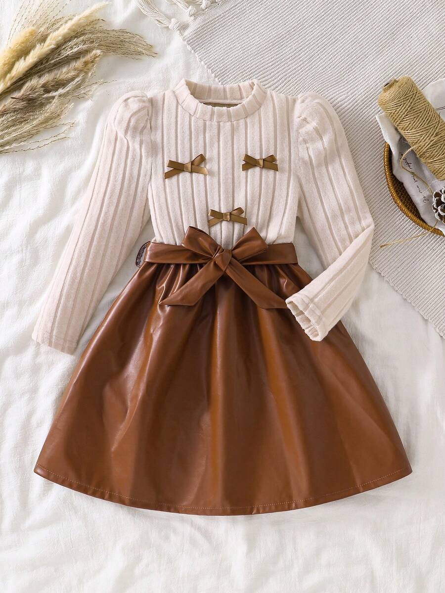 Girls' Warm Brown Autumn Knit Long Sleeve Dress With 3D Bow Decor And Leather Patchwork, Earth Tone, Slightly Stretchy, Suitable For Children's Daily Wear, Spring Gift - Brown - View 1