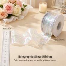 50yd/40yd/10yd 4cm Wide Iridescent Gradient Fish Tail Tulle Ribbon, Flowing Ruffle Wave Edge Chiffon Ribbon, Easy To Cut And Shape DIY Hair Accessories Bows Cake Trim Bouquet Gift Wrapping Wedding Birthday Party Decoration Supplies - White - View 10
