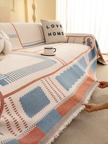 1pc Bohemian Geometric Tassel Sofa Cover Blanket, Anti-Cat Scratch Sofa Slipcover, Multi-Functional Furniture Protector For Sofa, Bed, Living Room Home Decor - Multicolor - View 1
