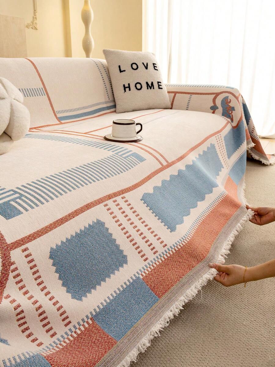 1pc Bohemian Geometric Tassel Sofa Cover Blanket, Anti-Cat Scratch Sofa Slipcover, Multi-Functional Furniture Protector For Sofa, Bed, Living Room Home Decor - Multicolor - View 1