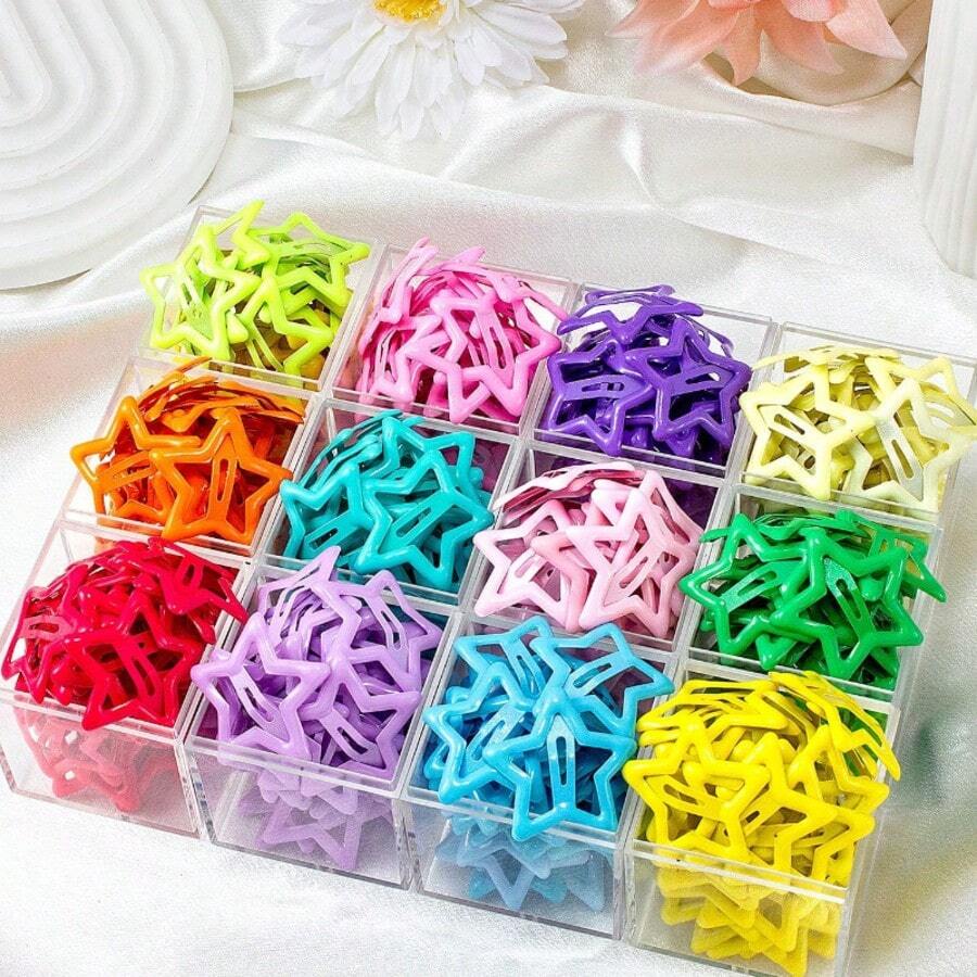 100pcs Colorful Hollow Star Hair Clips, Cute Bangs Clips, Fashion Hair Accessories (Storage Box Not Included) - Multicolor - View 1