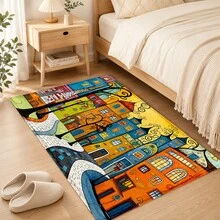 1pc Cartoon Town Pattern Printed Faux Cashmere Kitchen Mat, Absorbent Kitchen Rug, Kitchen Carpet, Long Strip Doormat, Sink Front Mat, Suitable For Kitchen, Bathroom, Entryway, Hallway, Laundry Room And Home Decor - Multicolor - View 7
