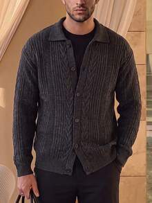 Jaket Kardigan Rajut Kabel Vertikal Vintage Pria, Sweater Longgar Bertekstur Hitam Abu-abu - Hitam - View 7