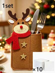 1pc Cute ChristmasTableware Storage, Santa Claus, Reindeer, Snow Man Designs, Christmas Tableware Holder, Placemat, Silverware Pocket, Party Table Decoration, Adding Color To Your Holiday Party Table - Multicolor - View 12