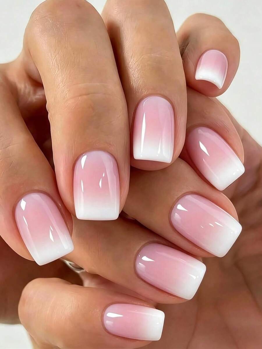Pink Shaded Short Rectangular Nail Stickers, 24 Pieces Per Pack, 12 Different Sizes, French Gradient Short Style Fake Nail Stickers, Glossy Full Coverage Adhesive Stickers, With Nail Polish... - Multicolor - View 1