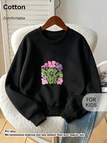 Tween Girl Crew Neck Sweatshirt, Vintage Pink Purple Floral 2023 Print Pullover - Black - View 1