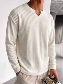 Blueprint Man 1pc Men's Apricot Small V-Neck Long Sleeve Sweatshirt, Vertical Textured Fabric, Soft And Comfortable Touch, 3D Texture, Loose Drop Shoulder Fit, Relaxed And Casual Style, Suitable For Wearing Alone Or Layering, Daily Commute Old Money Style - Apricot - View 1