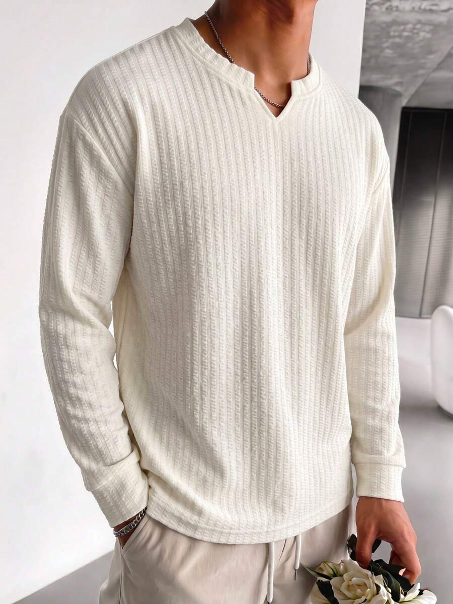 Blueprint Man 1pc Men's Apricot Small V-Neck Long Sleeve Sweatshirt, Vertical Textured Fabric, Soft And Comfortable Touch, 3D Texture, Loose Drop Shoulder Fit, Relaxed And Casual Style, Suitable For Wearing Alone Or Layering, Daily Commute Old Money Style - Apricot - View 1