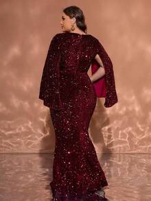 Plus Size Elegant Burgundy Deep V-Neck Sequin Cape Split Sleeve Long Mermaid Party Evening Gown - Burgundy - View 3