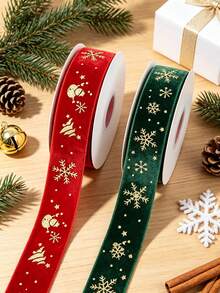 1roll 2.5cm Red And Green Velvet Ribbon With Gold Foil Accents – Featuring Winter Snowman And Snowflake Patterns; Ideal For Christmas Gift Wrapping, Gift Boxes, DIY Holiday Decor, Bouquets, Wreaths, And Tree Trimming. - Multicolor - View 8