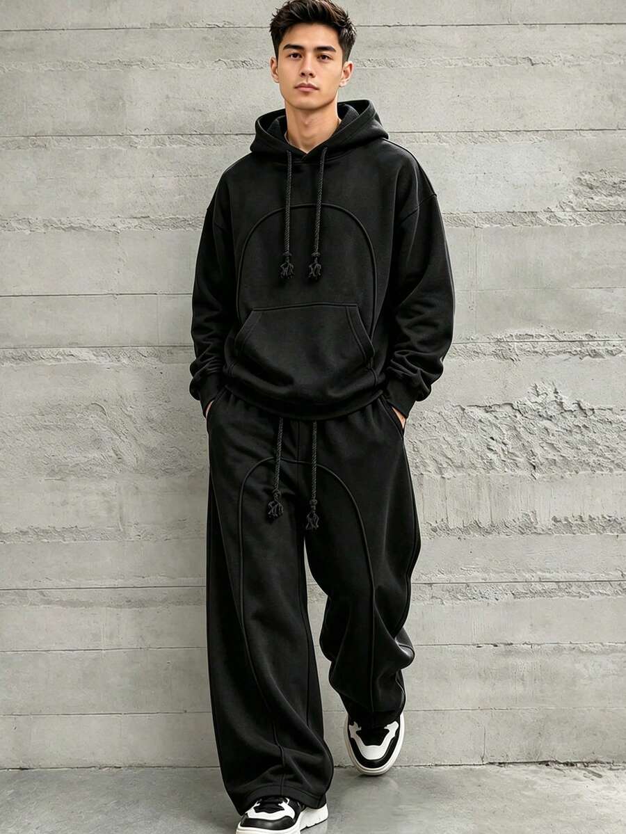 HEYKESON Men's Hoodie & Wide Leg Sweatpants 2 Pieces Loose Casual Sports Set - Black - View 1