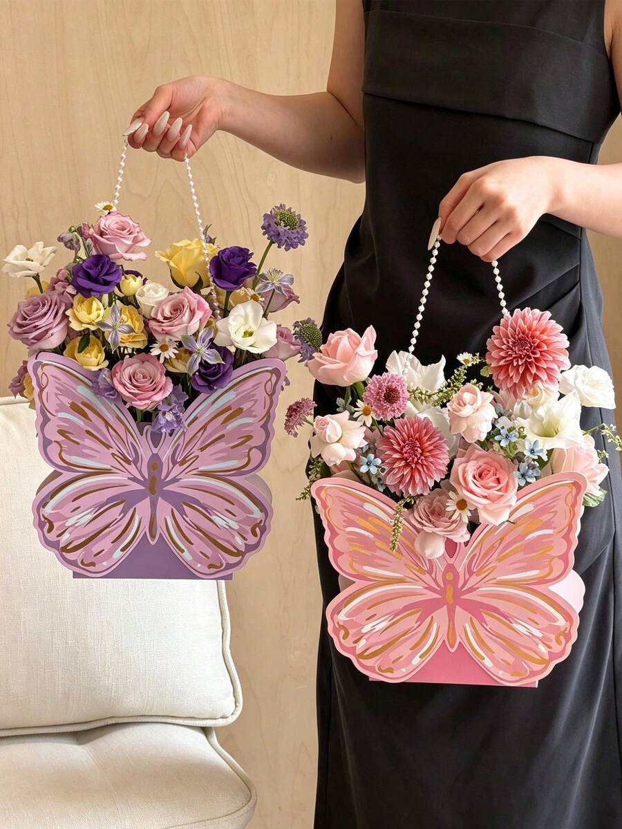 1pc Handheld Butterfly Flower Boxes,Portable Bouquet Packaging Bags,Multi‑Color, Hollow‑Cut Butterfly Pattern, Squishy Thick Paperboard,Romantic Floral Style All Seasons, For Adult Florists, For Wedding, Party,Holiday Flower Gift Wrapping Gift Basket