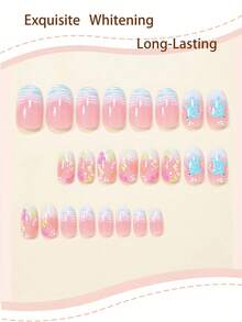 24pcs Oval Blue Ripple Sea Turtle & Flower Full Cover Summer Fake Nails, Suitable For Women & Girls Party, Office, Daily Wear, Includes 1 Adhesive Sheet & 1 Mini Nail File, Random Delivery - Multicolor - View 2