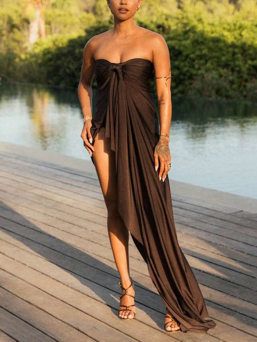 Women's Fitted Full Skirt Maxi Dress, Elegant Strapless Knit Evening Gown, Asymmetrical Hemline, Thigh Slit - Brown - View 1