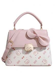 Autumn New Sweet Style Cat & Bow Pattern Handbag Crossbody Bag With Contrast Trim, Girly Design - Multicolor - View 9