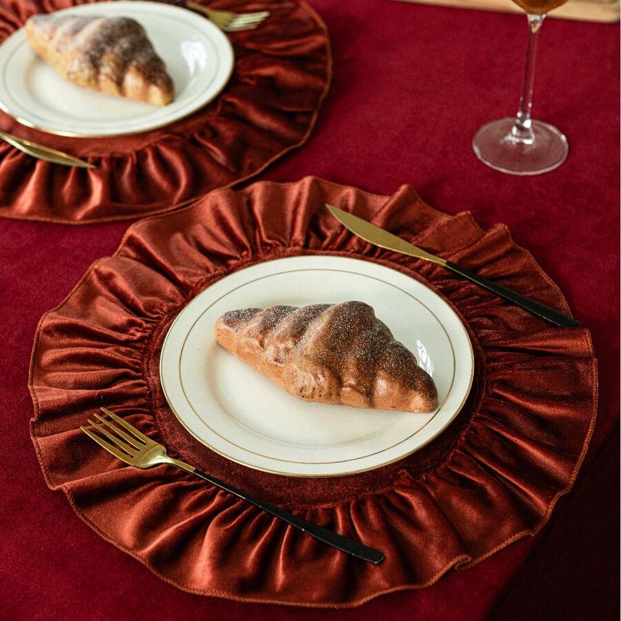 1/2/4pcs Christmas Velvet Ins Decorative Round Ruffle Placemats, Nordic Country Style Table Mats - Burnt Orange - View 1