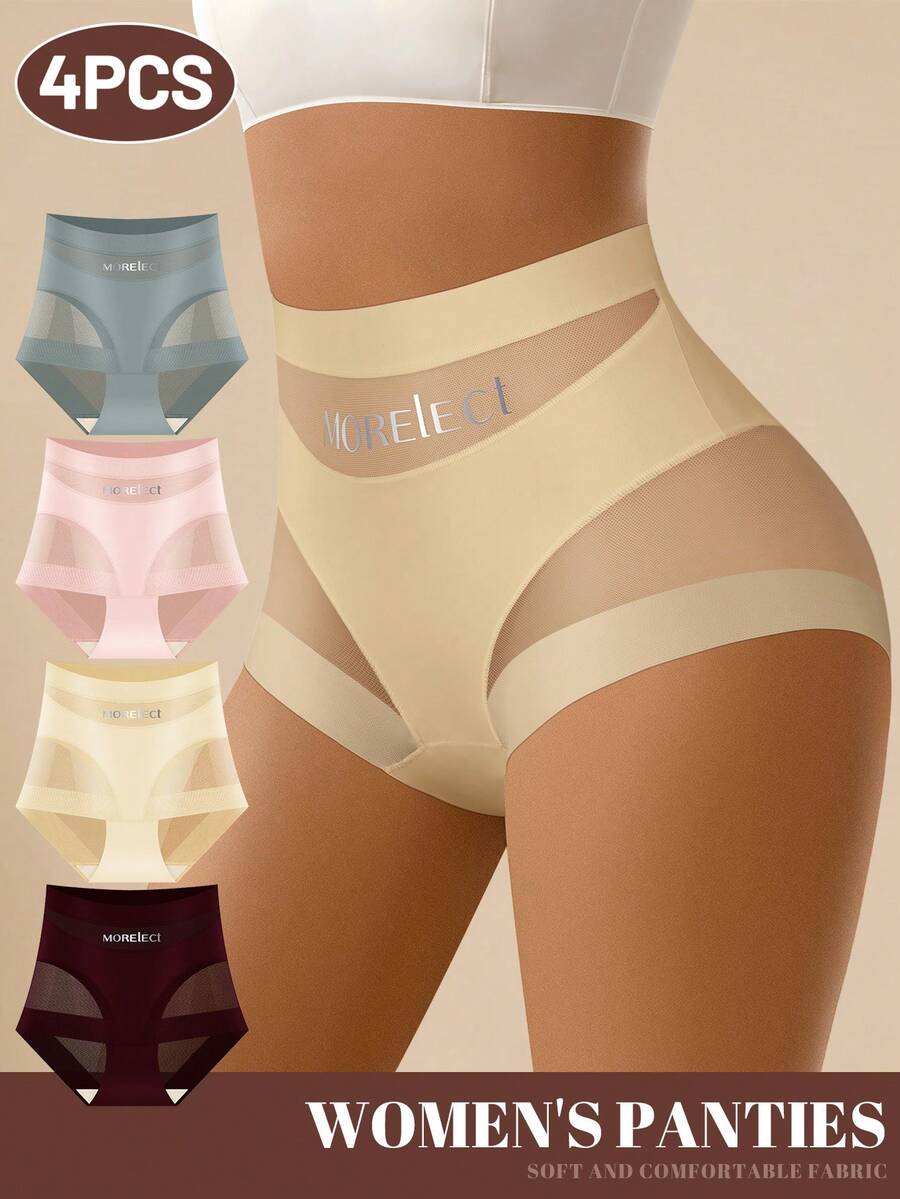 MEIYATING 4件組女款中高腰收腹提臀網布拼接輕量舒適時尚印花日常內褲