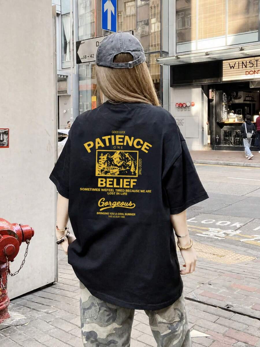 女款時尚寬鬆休閒圓領字母印花短袖T恤,夏季百搭黑色 - 黑色 - 查看 1