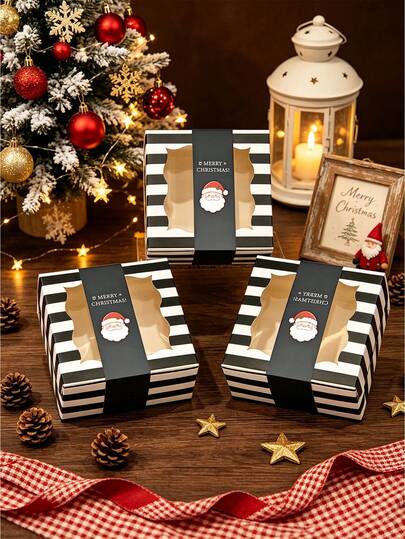 2pcs/5pcs/10pcs Red Striped Christmas Gift Boxes With Window, Merry Christmas Snack Boxes, Holiday Square Gift Boxes With Tree Hollow Design, Party Favor Packaging