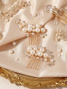 2pcs/Set Wedding Bride Pearl Hair Side Comb Rhinestone Hair Clips Pins Headpiece Vintage Hair Accessories Jewelry For Brides Bridesmaids - Gold - View 7