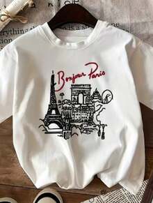"Bonjour Paris" Sketch-Print T-Shirt - Casual, Loose-Fit, Short-Sleeved Crewneck Top Featuring The Eiffel Tower And Arc De Triomphe - White - View 7
