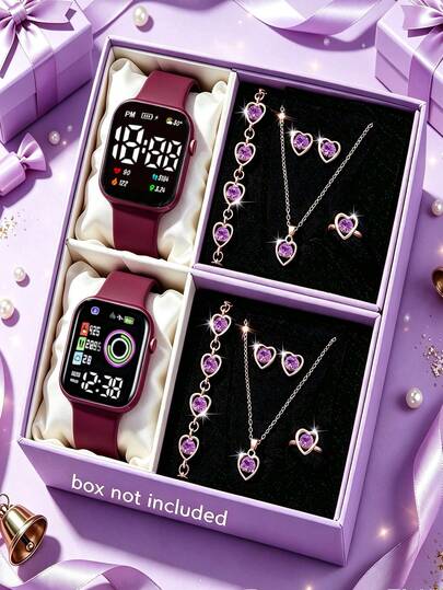 12/1 pièce Montre pour femme élégante et exquise, montre électronique à affichage numérique LED et ensemble de bijoux avec collier, bracelet, bague et boucles d'oreilles décorés de strass, convient pour les fêtes et les occasions formelles des femmes, cadeau d'anniversaire/vacances, tenue de fête de la rentrée scolaire, cadeau parfait pour Halloween/Saint-Valentin/Noël pour les femmes (boîte cadeau non incluse)