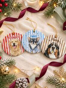 Personalized Pet Portrait Ceramic Ornament: Dog Cat Photo Striped Ornament, Cute Ornament Gift For Pet Owner, Pet Memorial Gift, Christmas Photo Ornament - White - View 2