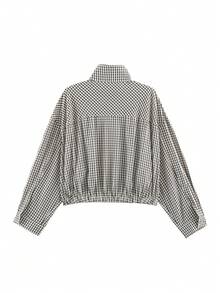 Women's Plaid Loose Short Jacket, Stand Collar With Pockets Long Sleeve Lightweight Coat - Black and White - View 8
