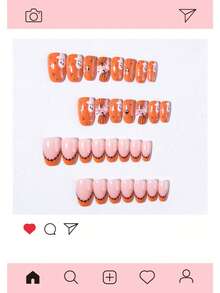 萬聖節 30片短橢圓形穿戴甲，南瓜、蜘蛛網圖案設計，壓克力材質，套組包含：1片果凍膠與1片指甲锉 - 彩色 - 查看 3