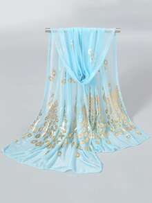 1pc Elegant Solid Color Peacock Print Scarf, Minimalist Gold Foil Phoenix Feather Design, Lightweight Comfortable Travel Accessory Shawl For Women - Multicolor - View 16