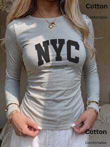 Autumn NYC ALL GIRLS TEAM SPORTS CLUB Printed Slim Fit Long Sleeve Crew Neck T-Shirt Base Layer - Grey - View 3