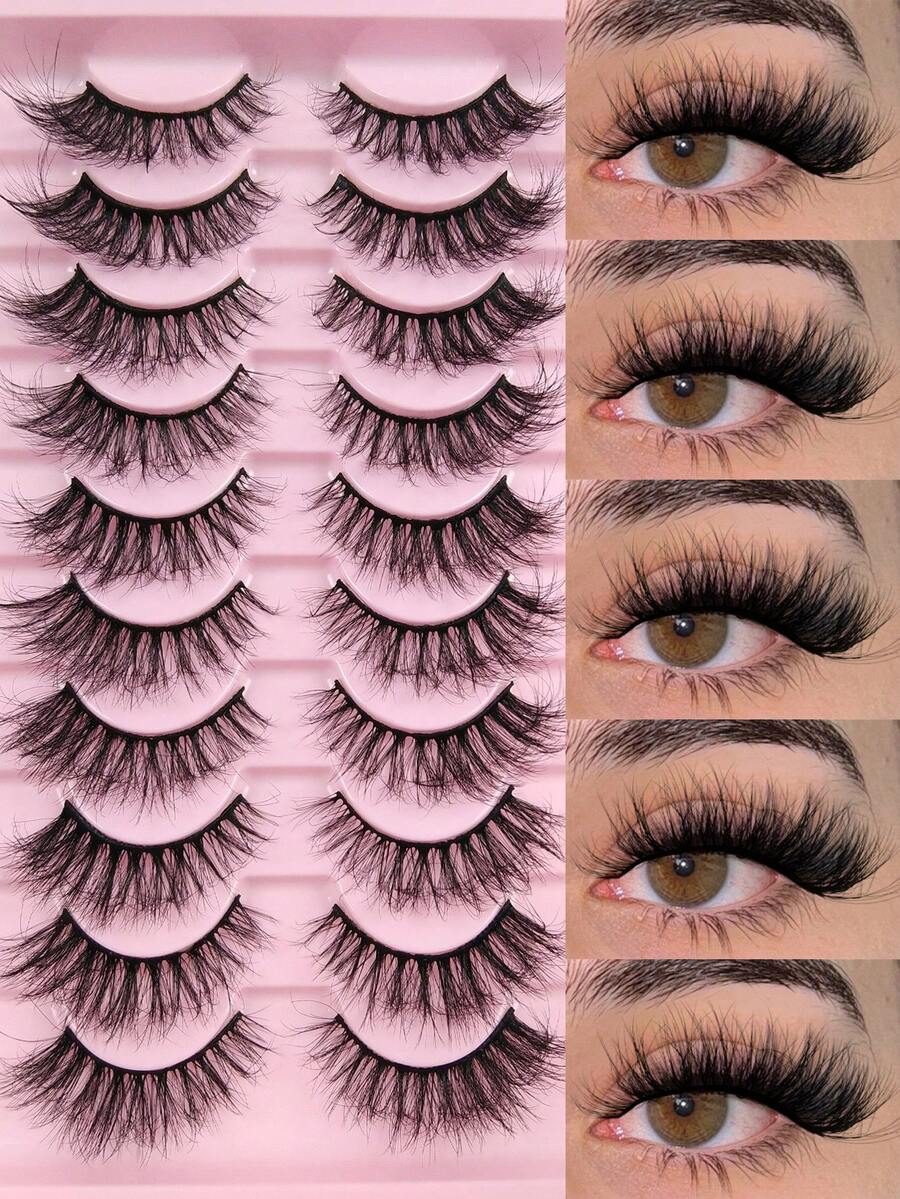 Hinarin 10 Pairs D Curl Fluffy False Eyelashes Wispy Handmade Cat Eye Lashes Fake Eyelashes Dramatic Look 3D Strip Lashes Reusable Fox Eye Faux Mink Lashes Gift For Friends And Family