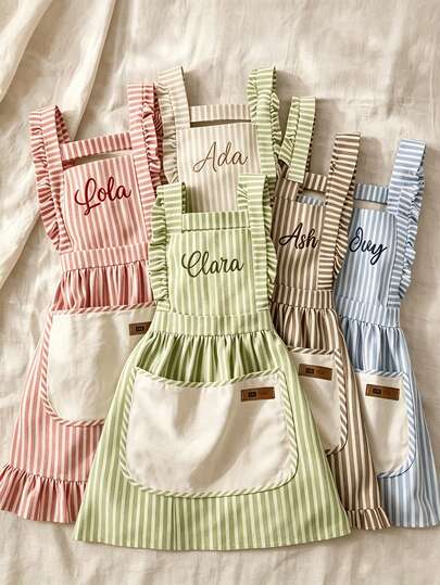 1pc Personalized Embroidered Ruffle Apron, Adjustable Striped Kitchen Apron (With Pockets), Customized Baking Apron, Country Style Cooking Apron, Farmhouse Kitchen Accessory, Vintage Women's Apron, Customized Name Embroidered Apron, Cute Baking Apron, Country Floral Set, Home Cooking Apron, Adjustable Waist Apron, Barista Apron, Handmade Style Kitchen Gift