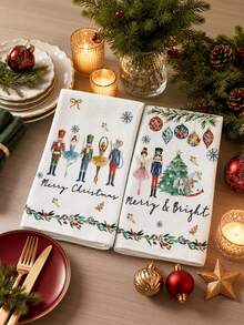2pcs Christmas Nutcracker Ballet Girl Pattern Kitchen Towels, Dishcloths And Face Cloths, Christmas Tree And Snowball Print, Absorbent Cleaning And Drying Cloth, Holiday Kitchen And Dining Table Decor, Suitable For Kitchen, Dining Room And Bathroom - Green - View 2
